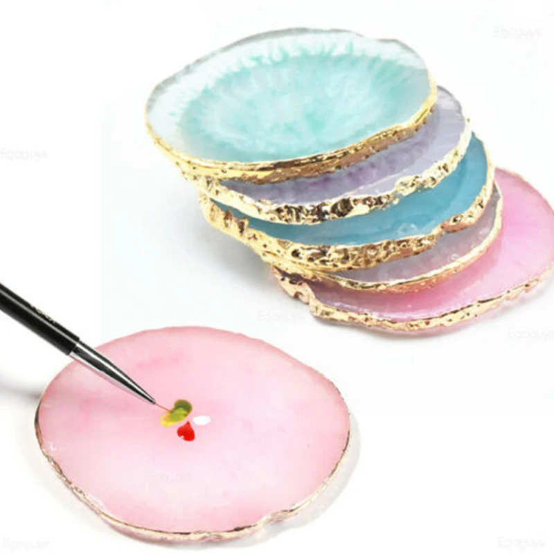 

Wholesale Resin Nail Art Gel Mixing Palette DIY Manicure Accessories Tools Golden Edge Polish Agate Mix Stir Crystal Gem Plate