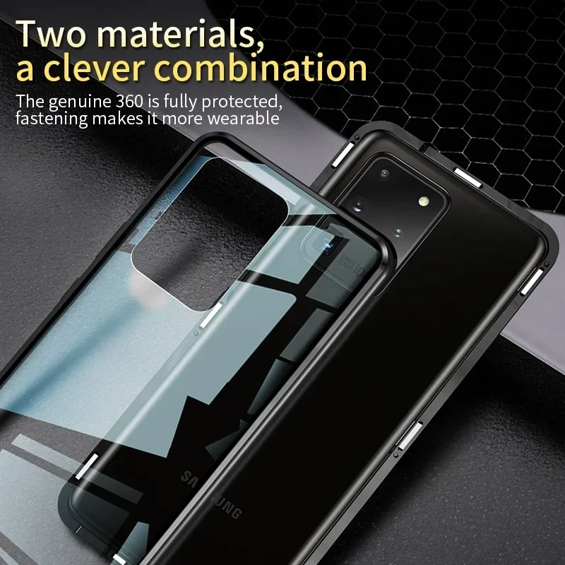 Magnetic Metal Case for Samsung S24 S23 S22 Ultra Samsung A15 A35 A55 Double Side Tempered Glass Cover