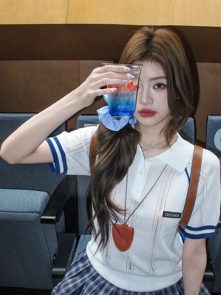 

Женский летний топ Slim Fit из трикотажа с ажурным узором, цветной, в корейском стиле