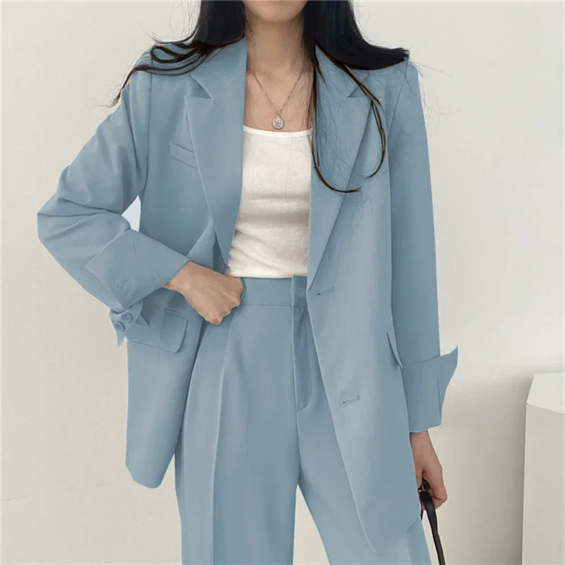 Women Blazers Pant Sets Single Breasted Office Lady Casual Autumn Solid Jacket + Pants Pocket Elegant Ladies