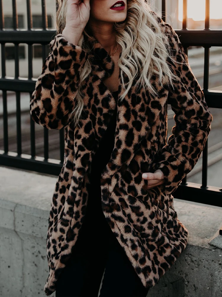 Leopard Faux Fur Coat Women Autumn Winter Warm Thick Plush Jacket Female Vintage High Street Casual Loose Long Sleeve Overcoat