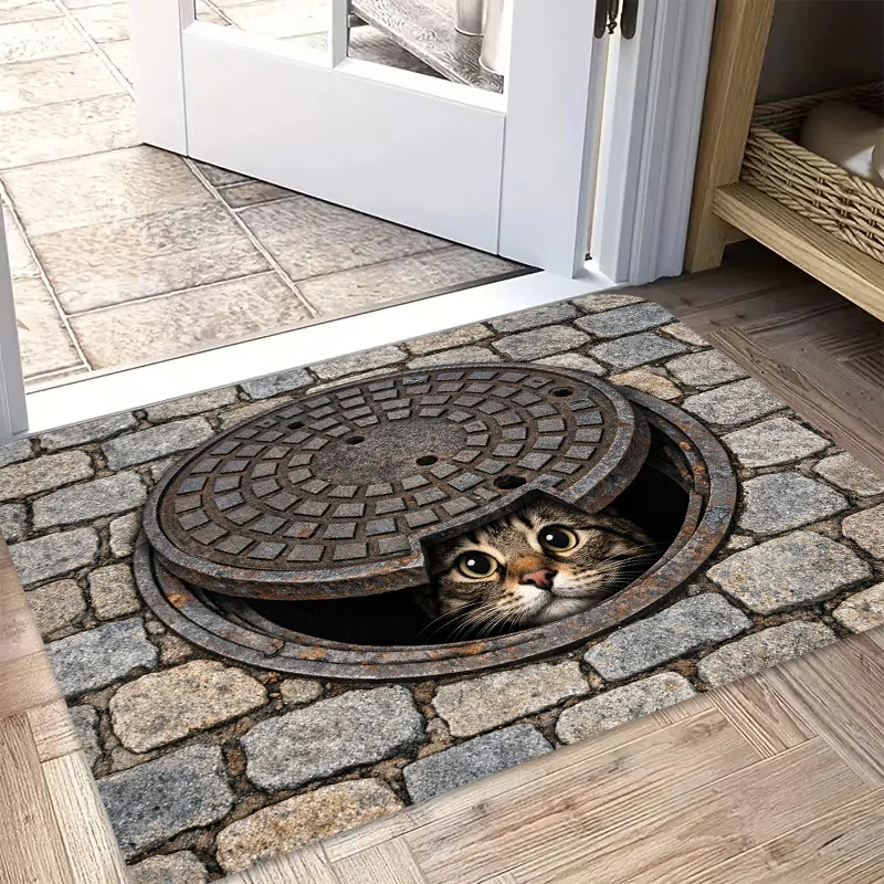 1pc, 2D Flat Printing, 3D Visual Manhole Cover Cat Doormat for Entryway, Perfect for Holiday Dining and Home Decor, Door Mat