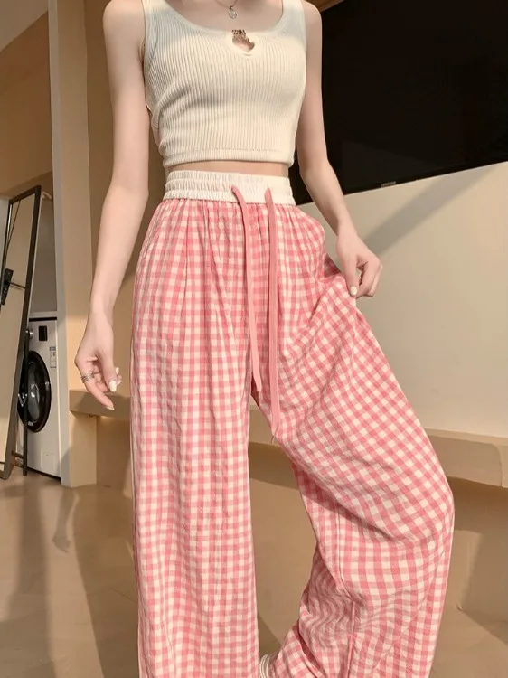 Pink Plaid Thin Wide Leg Pants Women's Summer New High Waist Draped Loose All-Match Straight Casual Floor-Length Pants
