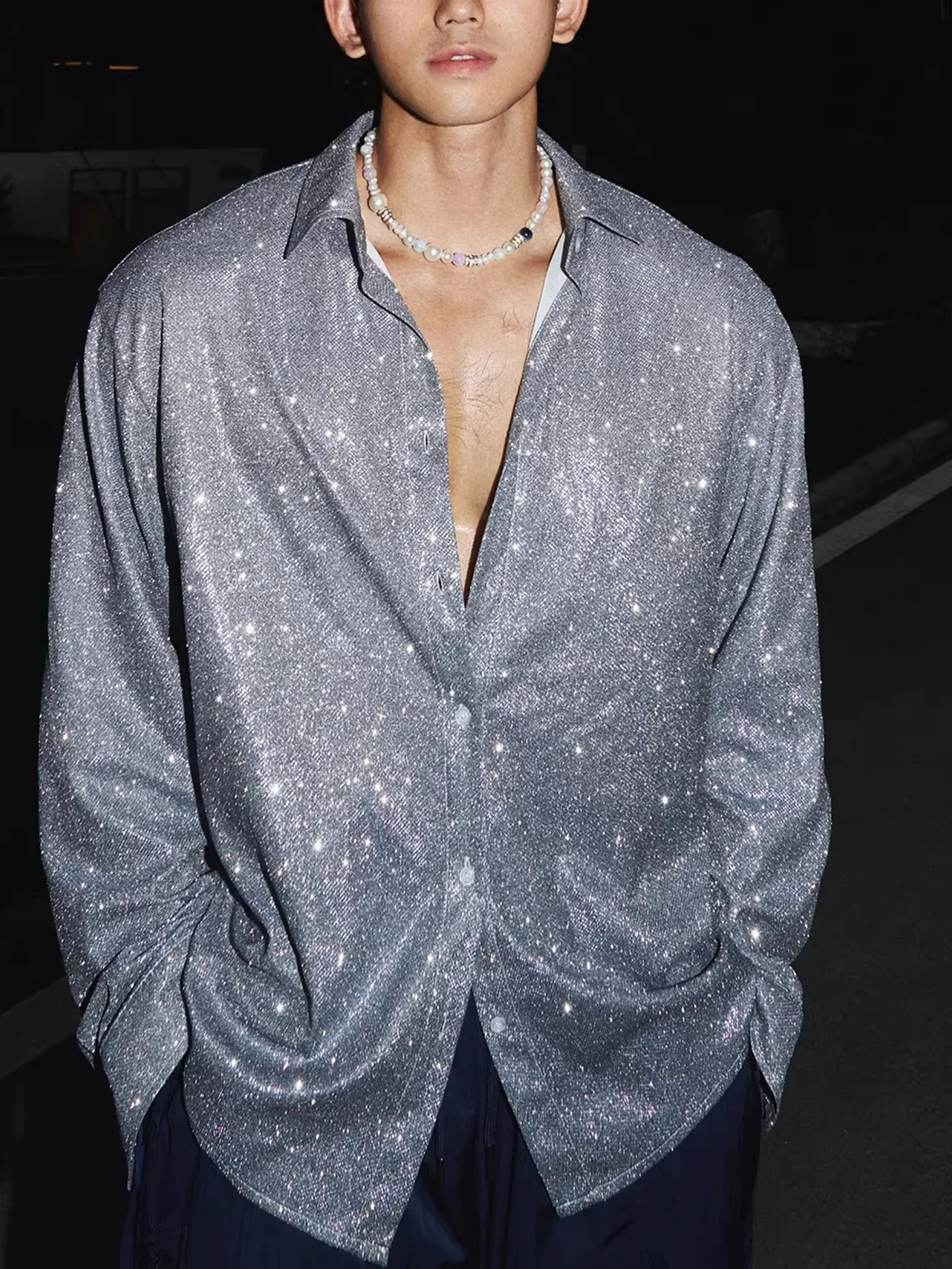 

Shiny Diamond Point Men's Loose Fit Lightweight Long Sleeve Shirt Date Night Elegant Casual Polyester Fiber Vintage Style