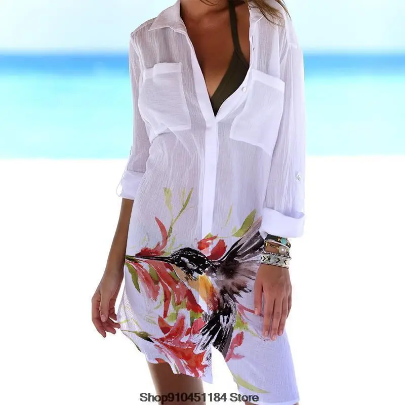 Women Sun Protection Wrinkled Cloth Pocket Concealed Button Beach Blouse Bohemian Women Sexy Bird Print Shirt Swimsuit Cardigan