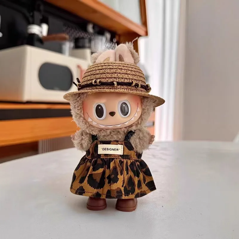 ملابس الدمية الصغيرة إكسسوارات الزي لـ 15-17 سنتيمتر Ropa Labubu و10 سنتيمتر دمية القطن ليوبارد طباعة تنورة قبعة حذاء الملابس