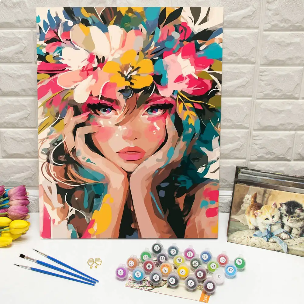 

Drawing By Numbers Woman Flower DIY Kit For Adults Unframe Digital Oil Painting Portrait Arts And Crafts Home Decor Gift