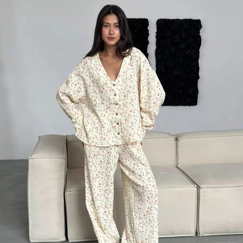 2pcs Women's Pajama Set Casual European American Style Printed Rayon Cotton Fabric Soft Breathable Long Sleeve Top & Long Pants
