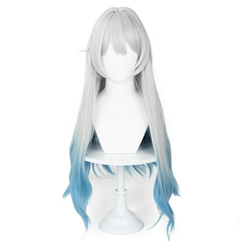 لعبة شعر مستعار Honkai Star Star Firefly ، شعر مستعار طويل متموج مع الانفجارات للهالويين ، عرض هزلي ، شعر أبيض وأزرق