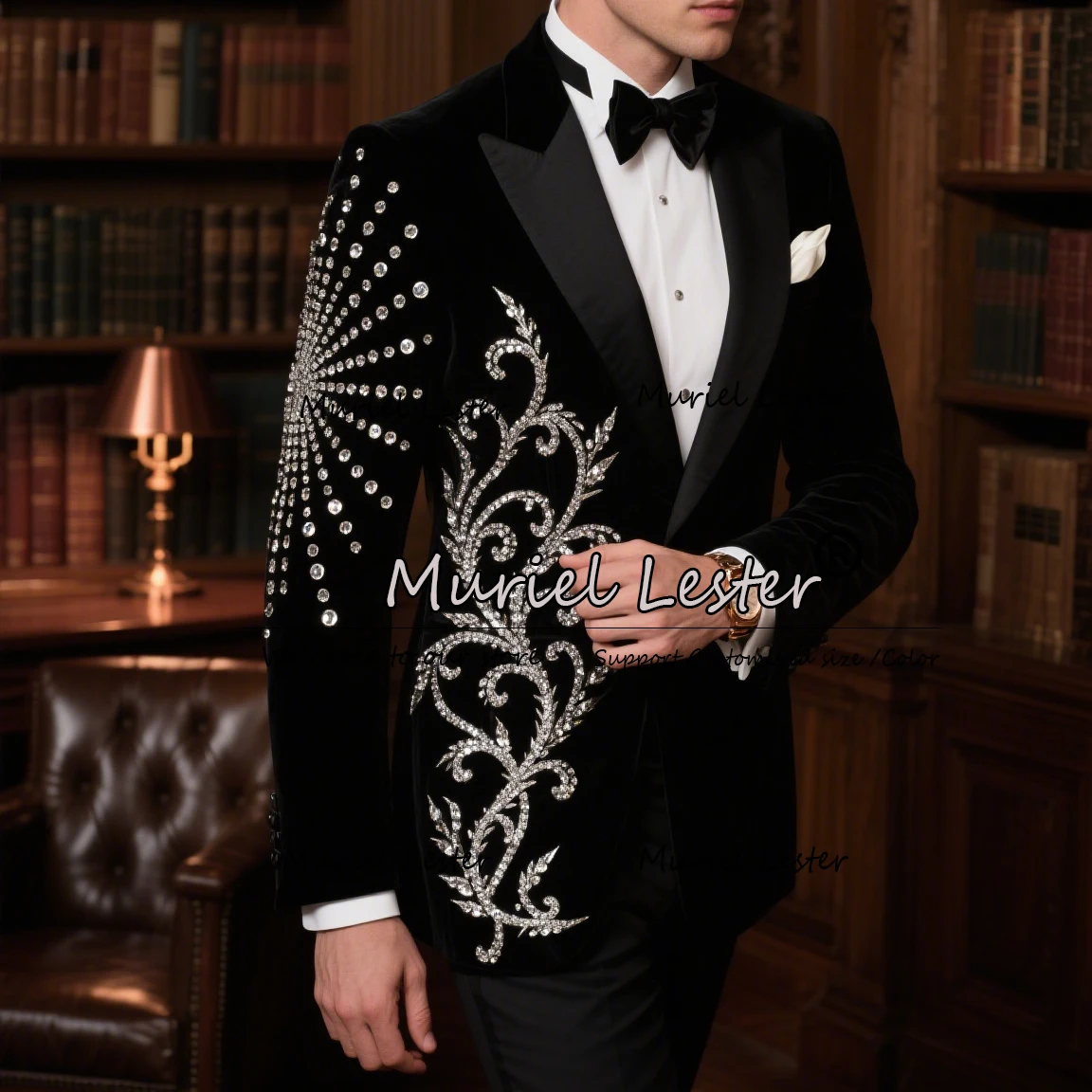 

Luxury Beaded Stones Men Suits Peaked Lapel 2 Pieces Sets Male Prom Blazers Wedding Groom Tuxedos traje de hombre elegante