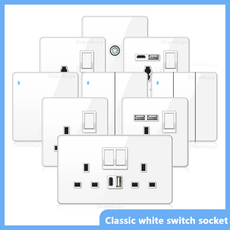 

UK Standard Wall LED 2Way Light Switch Power Socket,18W Quick Charging Universal Dual 3pin Plug Type-C USB Glass Socket Outlet