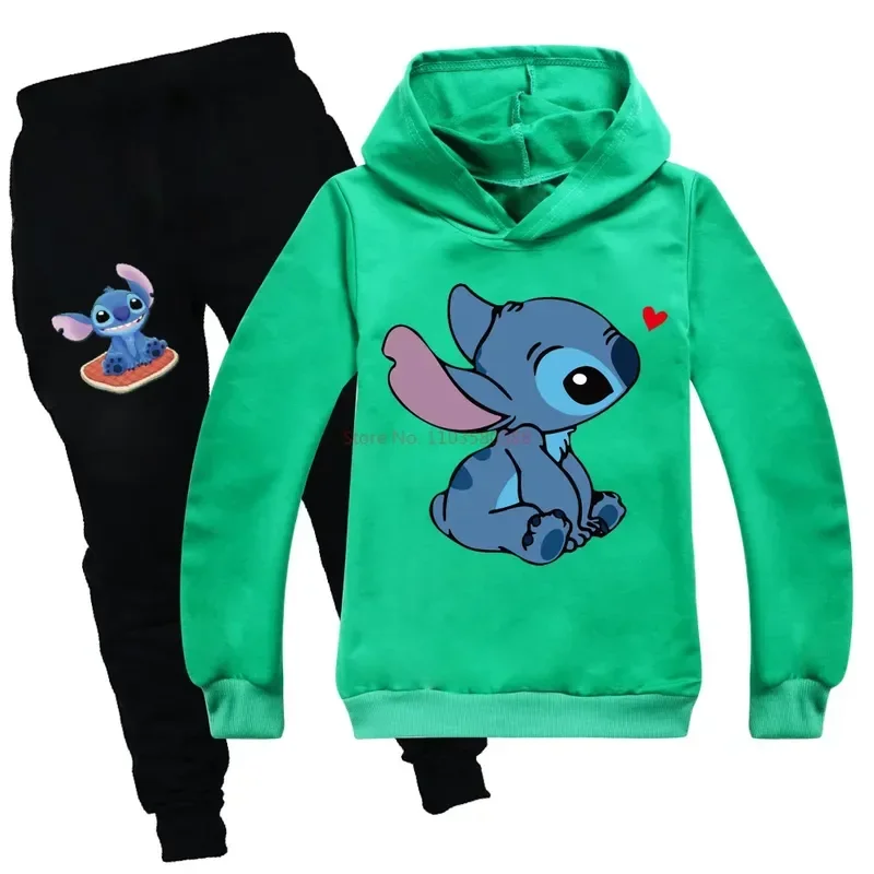 2024 New Stitch Disney Children's Clothing Print Pattern Boys And Girls Hoodie Long Sleeved Pullover Casual Trousers 2-piece Set