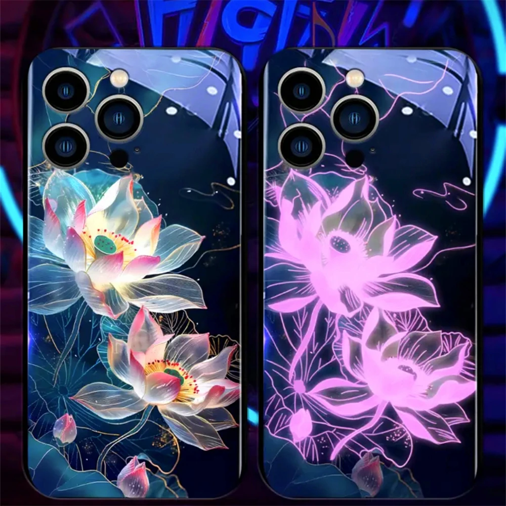 Lucky Lotus Flower Luminous Glass LED Light Up Flashing Phone Case For Samsung S24 S23 S22 S21 S20 FE Note 10 20 Plus Ultra A54