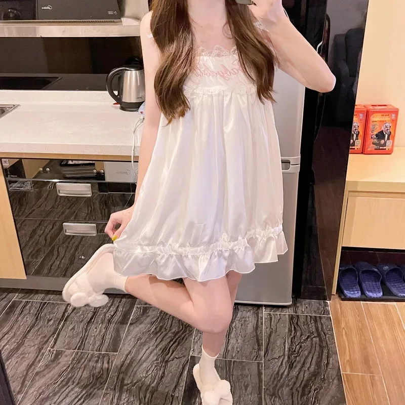 Teen White Mini Dress Pajamas Sweet Lace Sleepshirts Girl Nigthgowns Femme Anime Lolita Nigthdress Women Underwear Gift New