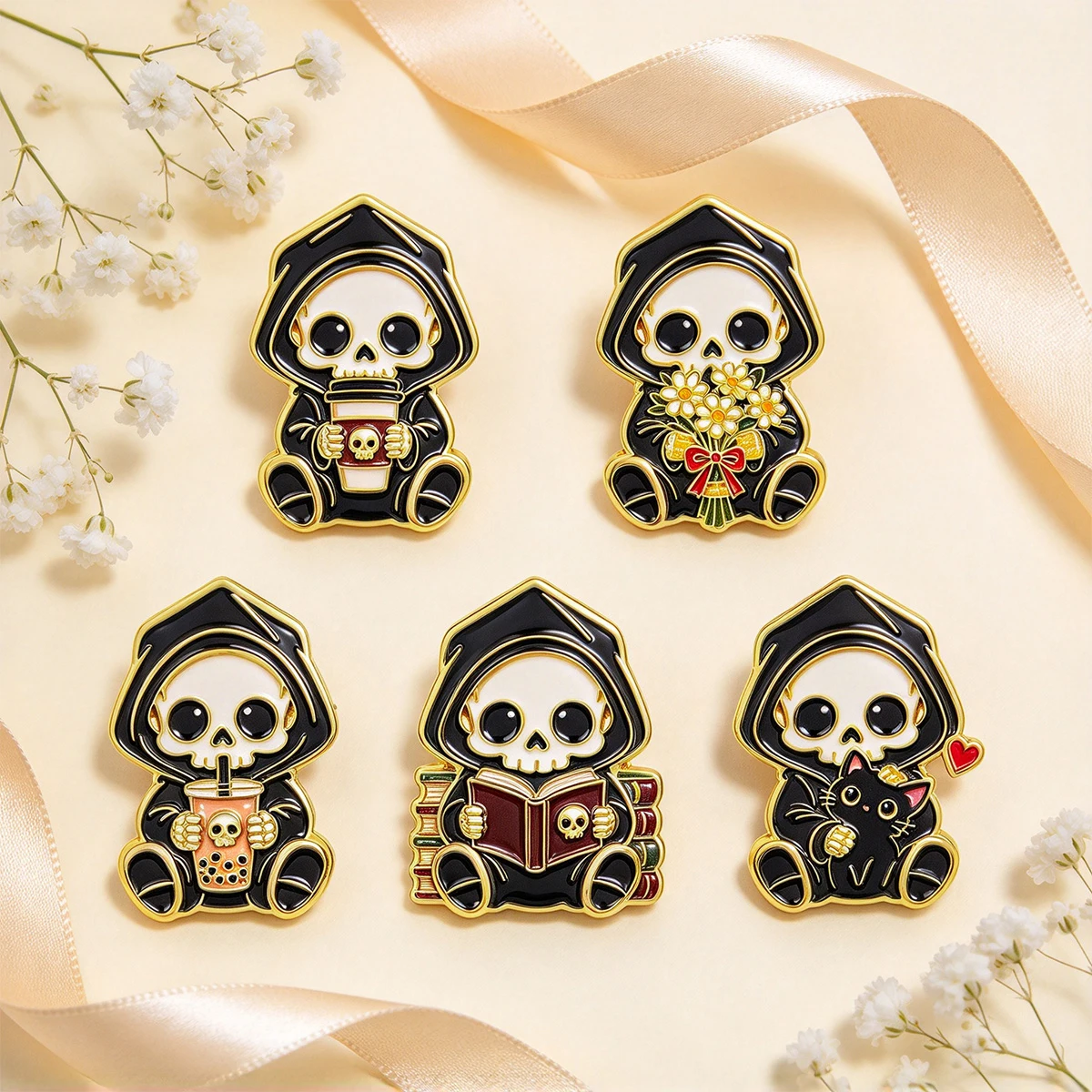 1-5pcs/set Halloween Gothic Kawaii Skeleton Enamel Brooch Collection Colorful Floral Calavera Lapel Pin Gift For Skull Lovers