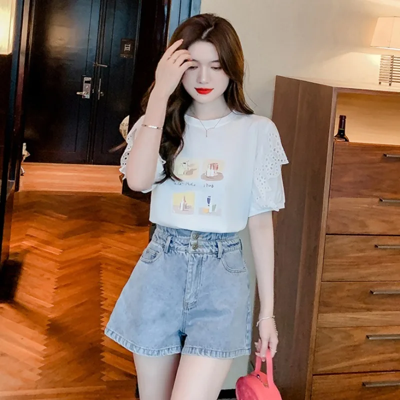 Cotton White Woman Tshirts O-neck Short Sleeve Ruffles Sweet T-shirt 2023 Shirts for Women Loose Casual Korean Tees Tops Female