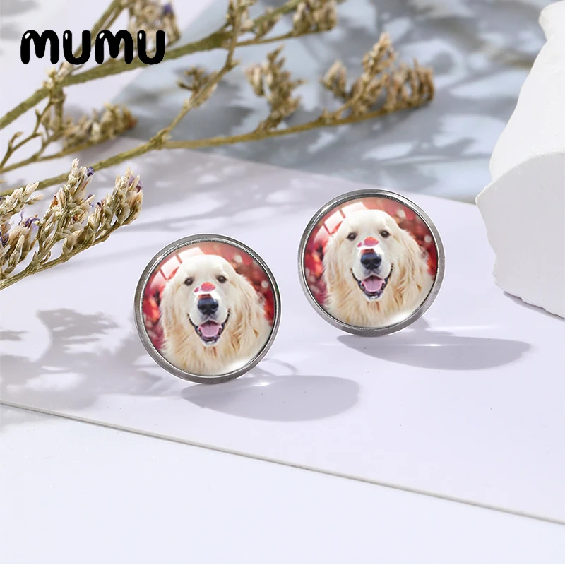 2023 New Golden Retriever Earring Little Dog Stud Earrings Glass Dome Cabochon Jewelry 12mm Round For Freinds