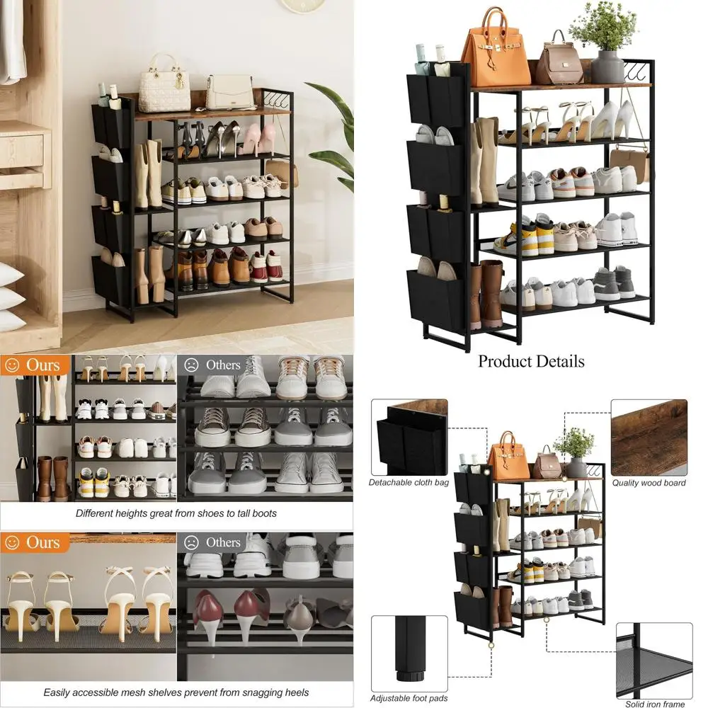 

5-Shelf Freestanding Shoe Storage Rack with Bag for High Heels, Ideal for Entryways, Halls, Closets, Dorms