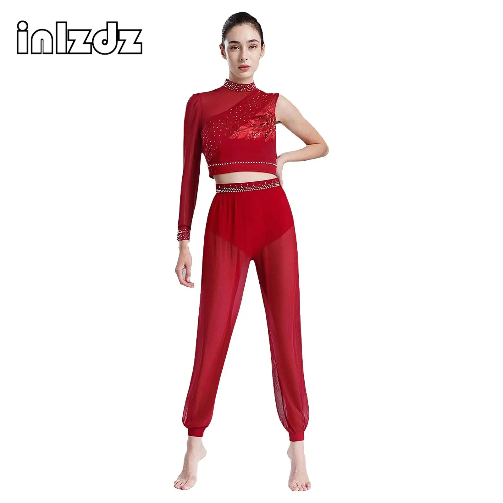 

Womens Lyrical Latin Belly Dance Outfit Backless Asymmetrical Crop Top+Mesh Long Pants Glitter Rhinestone Dancewear 2-piece Set