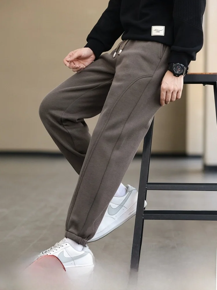 

High-Gauge Knitted Fce-Lined Thiened Autumn Winter Men's Faion Sports Cuffed Casual Pants Straight Leg Long Trousers