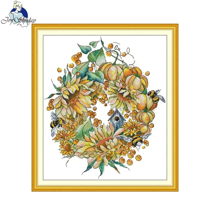 JoySunday Golden Harvest Wreath Pattern Print Cross Stitch Kit Aida Fabric 16CT 14CT DIY Folk Craft Needle Hand Embroidery Set