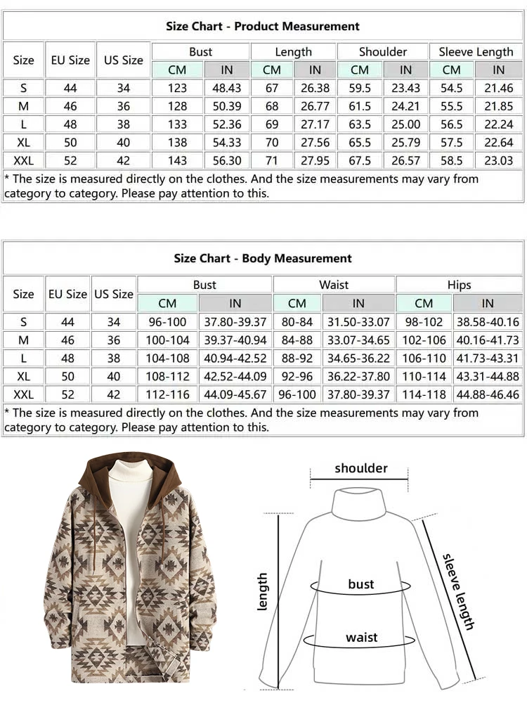 ZAFUL Men\'s Colorblock Zip Up Longline Woolen Aztec Ethnic Geometric Print Pocket Hooded Coat