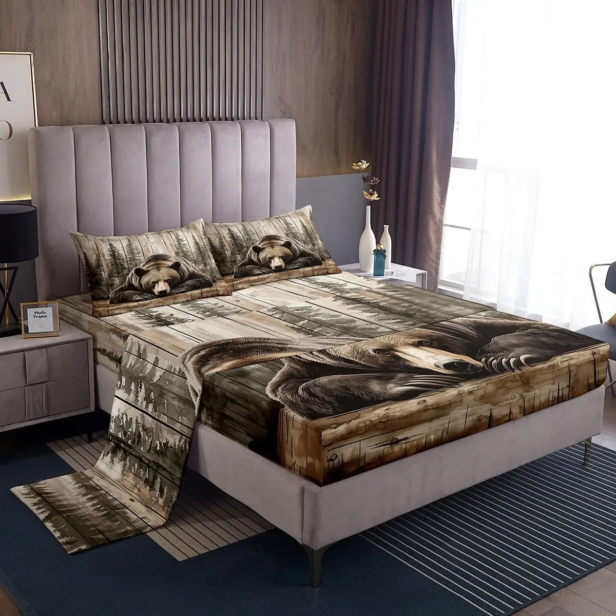 ชุดเครื่องนอนคิงกริซลี่แบร์ - สไตล์บ้านไร่แบบชนบท ลายพิมพ์สัตว์ป่าในป่าสไตล์วินเทจ