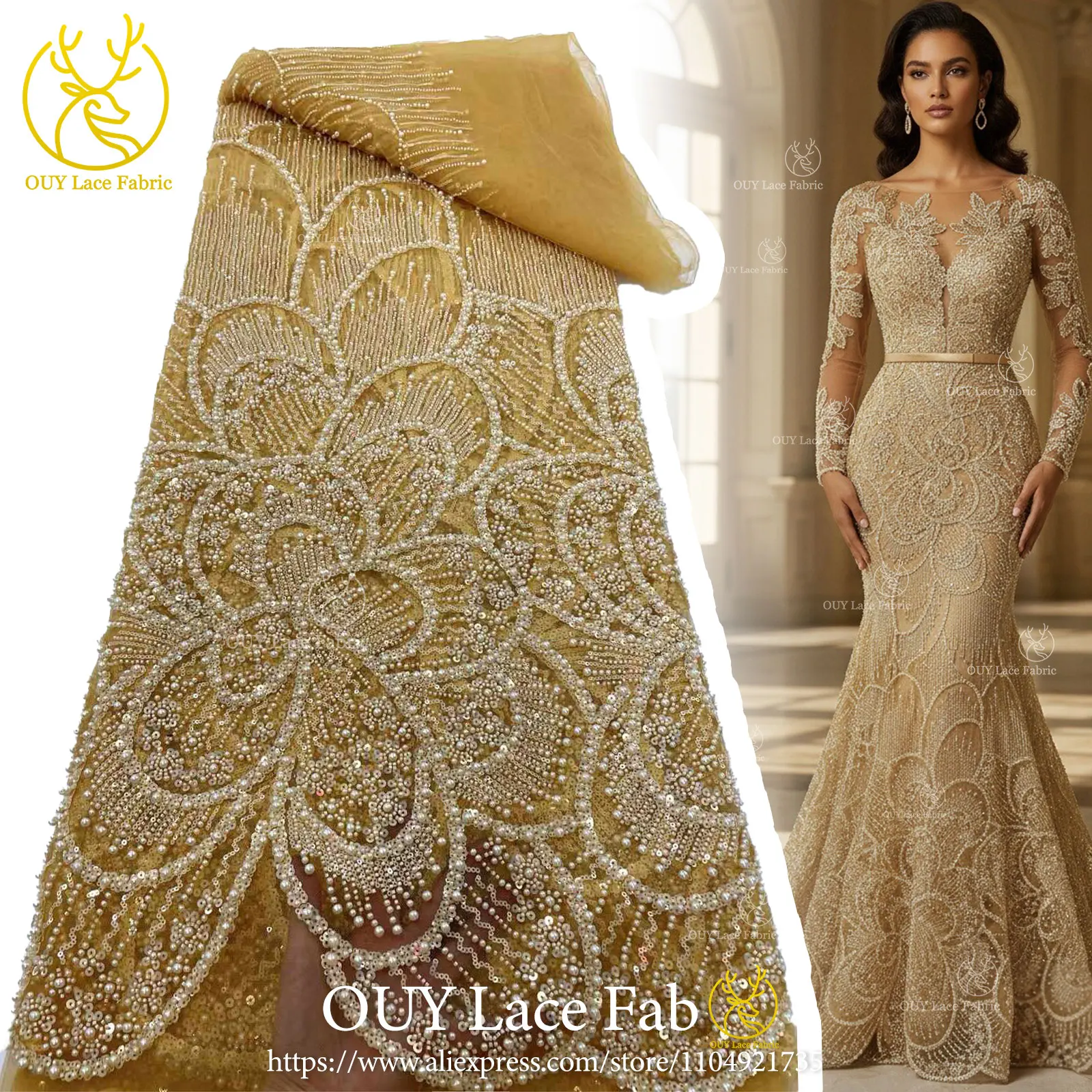 2026 Hot-Selling African Beaded Sheer Fabric French-Style Nigerian Beaded Sequined Lace Fabric Suitable for Wedding Dresses and