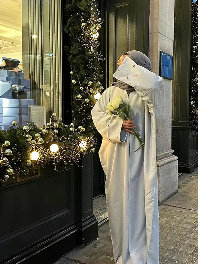 Abaya en lin avec manches chauve-souris brodées pour femmes, vêtements islamiques, élégant, sans hijab, Ramadan, 2024