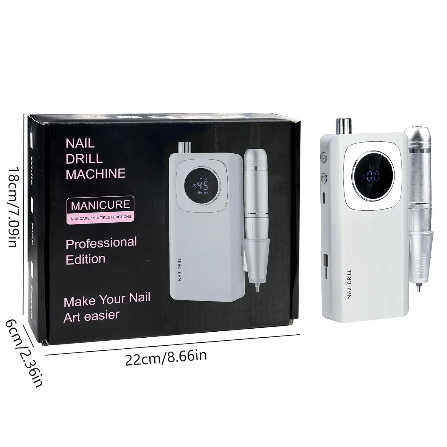 Broca de unha sem fio, 45000rpm, velocidade ajustável, baixo ruído, recarregável, usb, conjunto portátil com 6 bits para salão de beleza profissional doméstico