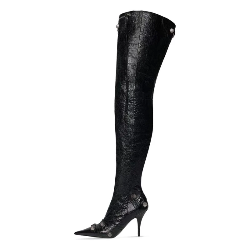 2023 Brand New Rivet Black Over Knee Boots Women's Autumn Winter Sexy Slim Fit High Heels Fashion Walk Show Boots Big Size 42 43