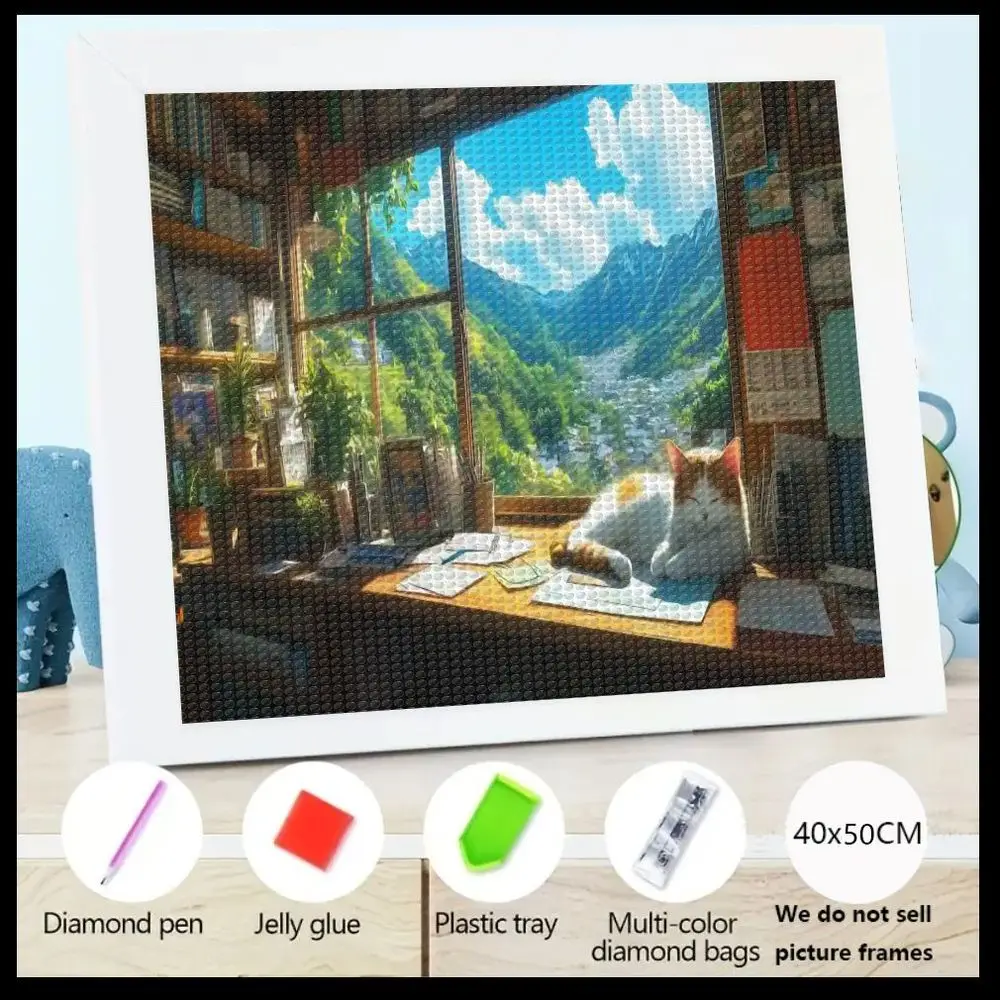 

1 шт., 5D алмазная живопись, 40x50 см, уютная комнатная сцена с котом, деревянным столом и живописным видом (книжные полки, горшечные растения), в комплект входит