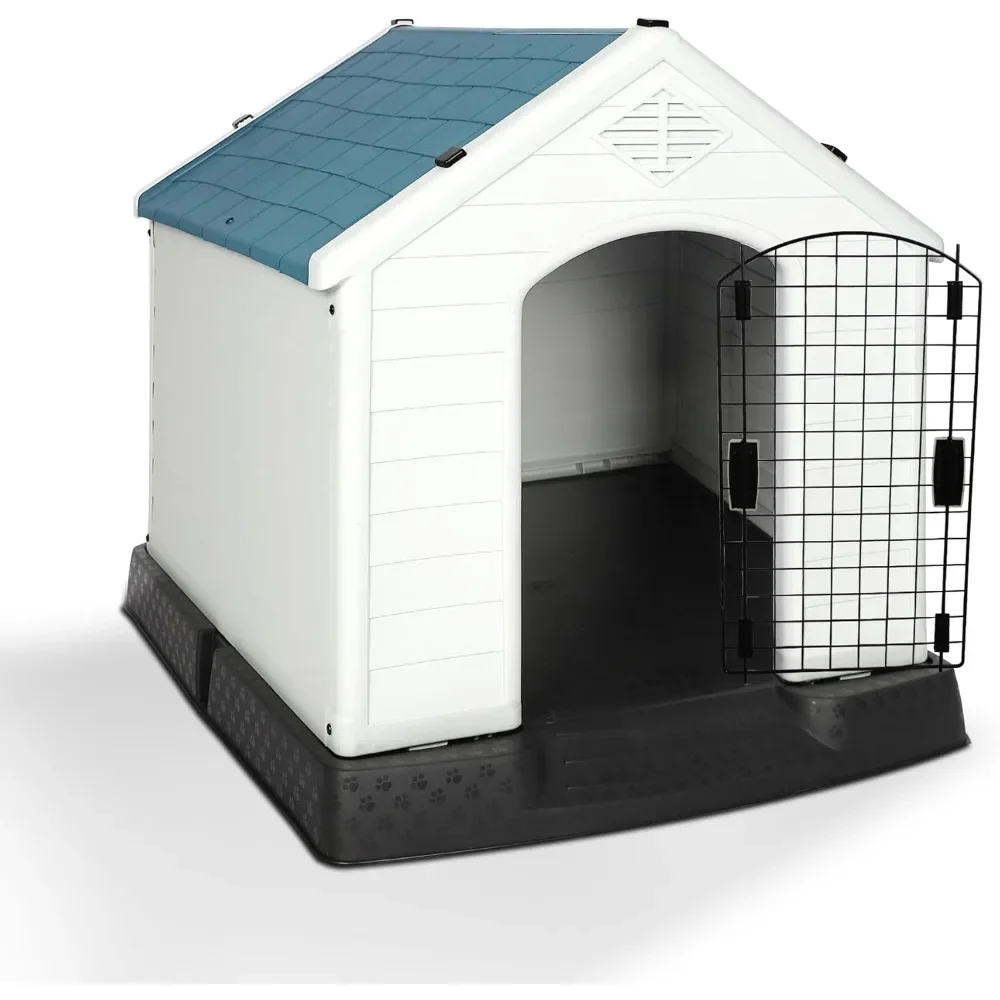 Outdoor Dog House with Door for Large Dogs Waterproof Puppy Kennel Plastic Outside Pet Crate with Gate for All Weath