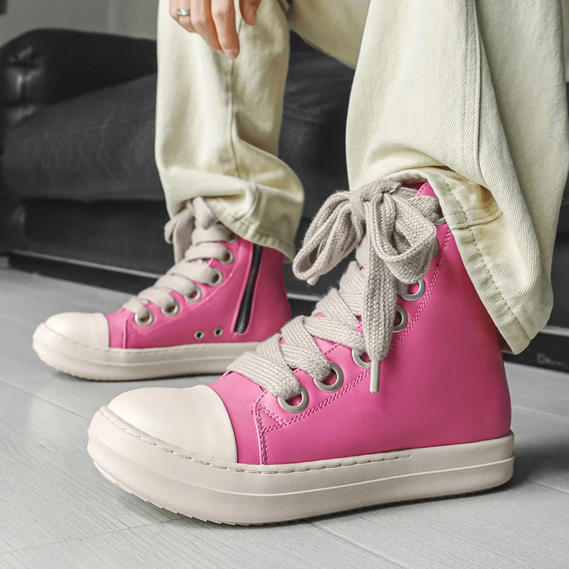 Original Pink Men High-top Sneakers Zip Designer Skateboard Shoes Men Women Fashion Autumn Ankle Boots Leather Casual Sneaker view 2