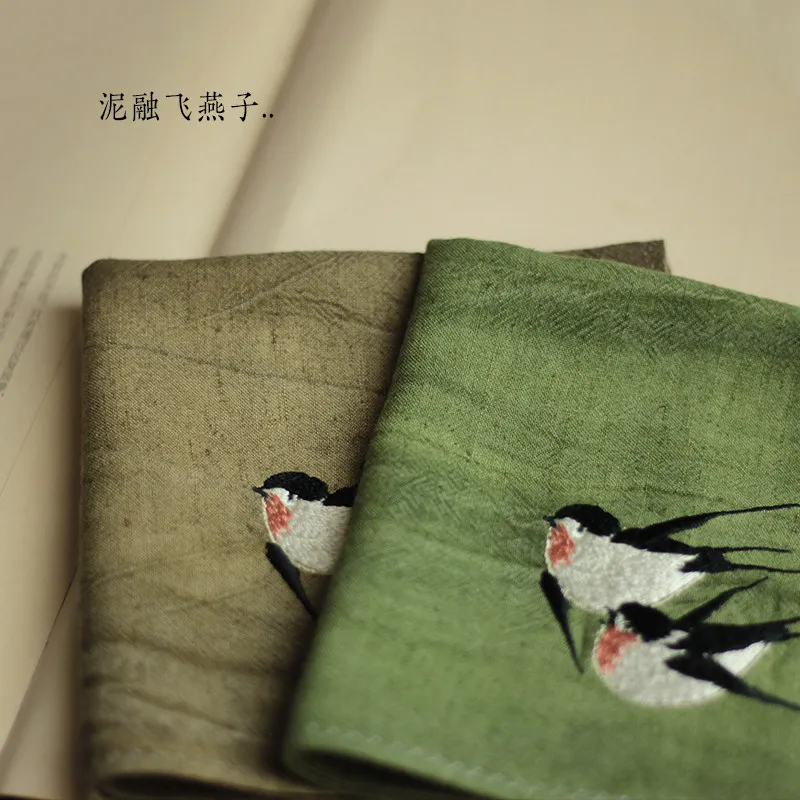 Traditional Chinese Style Exquisite Swallow Embroidery Linen Handkerchief Unisex Soft Absorbent Pocket Hanky Multiple Color Choi