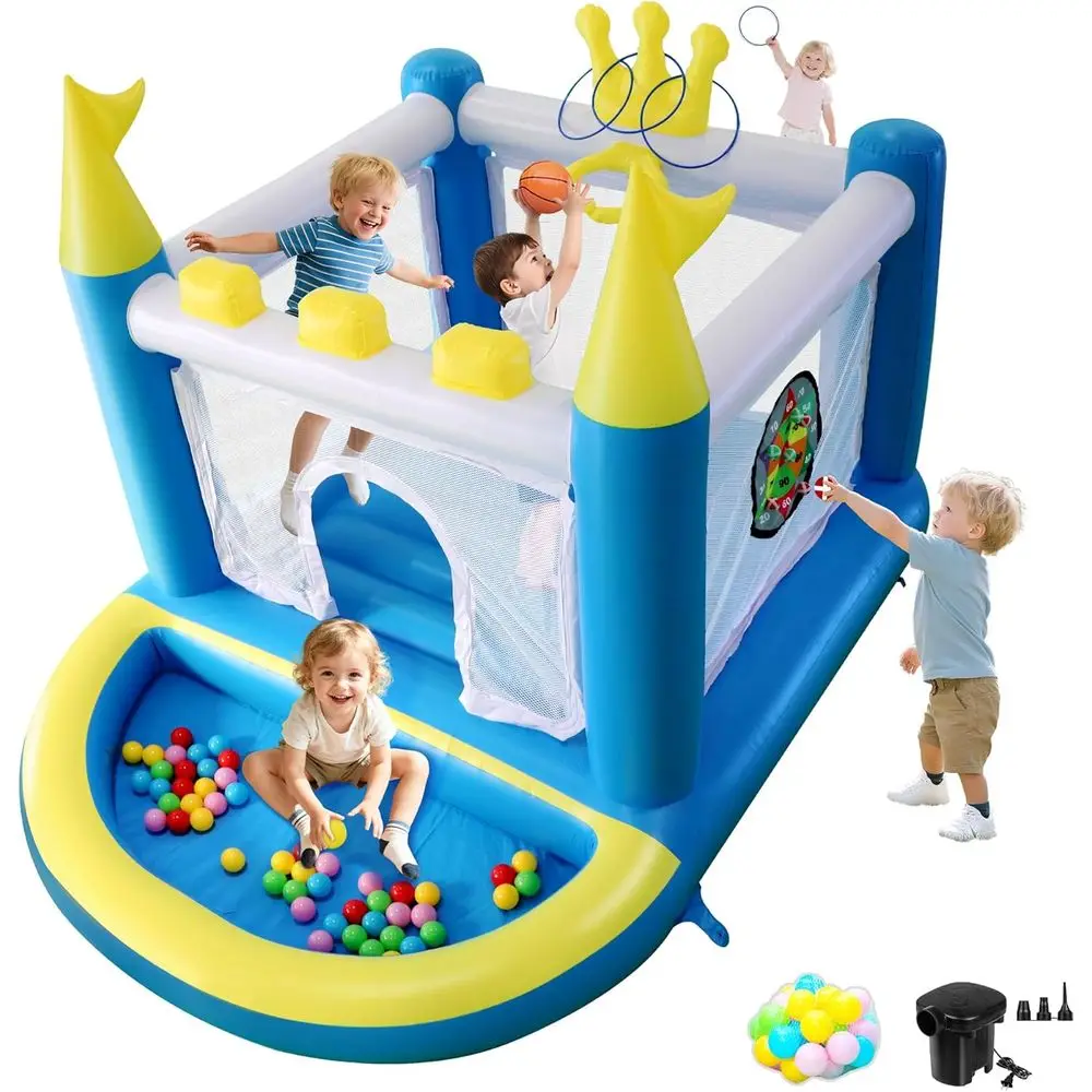 

Mini Iatable Bounce House with Ball Pit, 5 in 1 PVC Kids Bouncy Castle with Electric Air Pump, Small Crown Jump House for Kids A