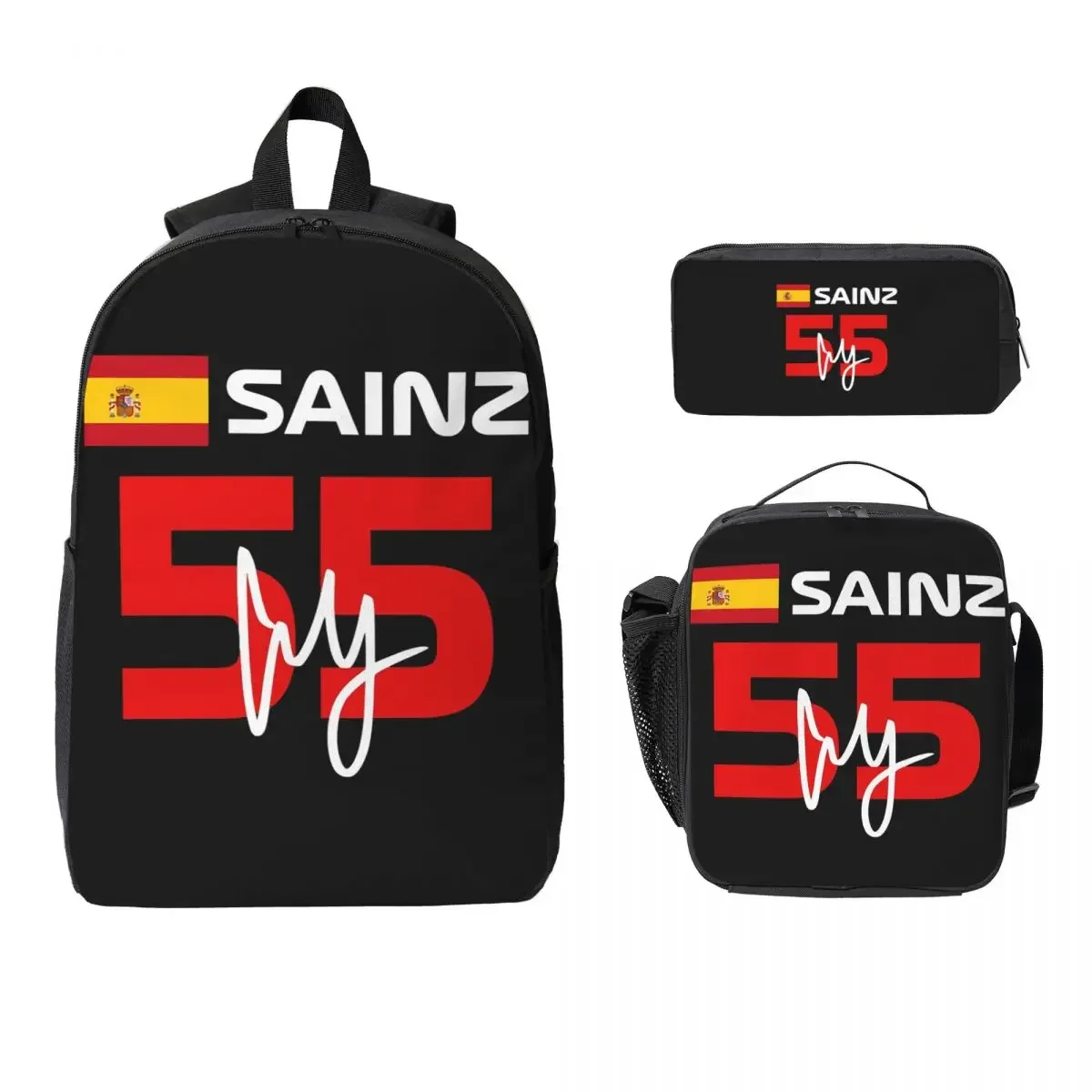 Carlos Sainz Jr F1 Signature Graphic Dark Backpack Student Boys Girls BookBag School Bag 3ps Insulated Lunch Bag Pencil Case