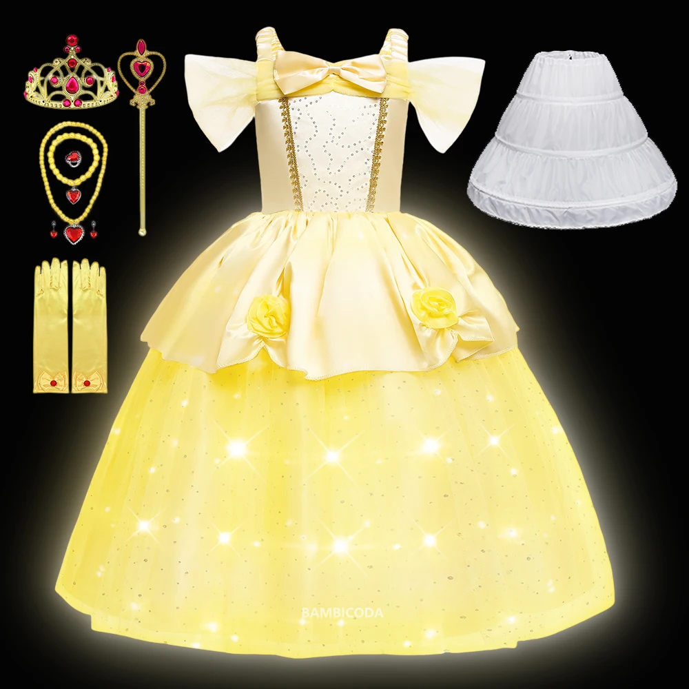 

Cosplay Belle Princess Dress Girls LED Light Dresses For Beauty and the beast Kids Party Clothing Fancy Children Costume