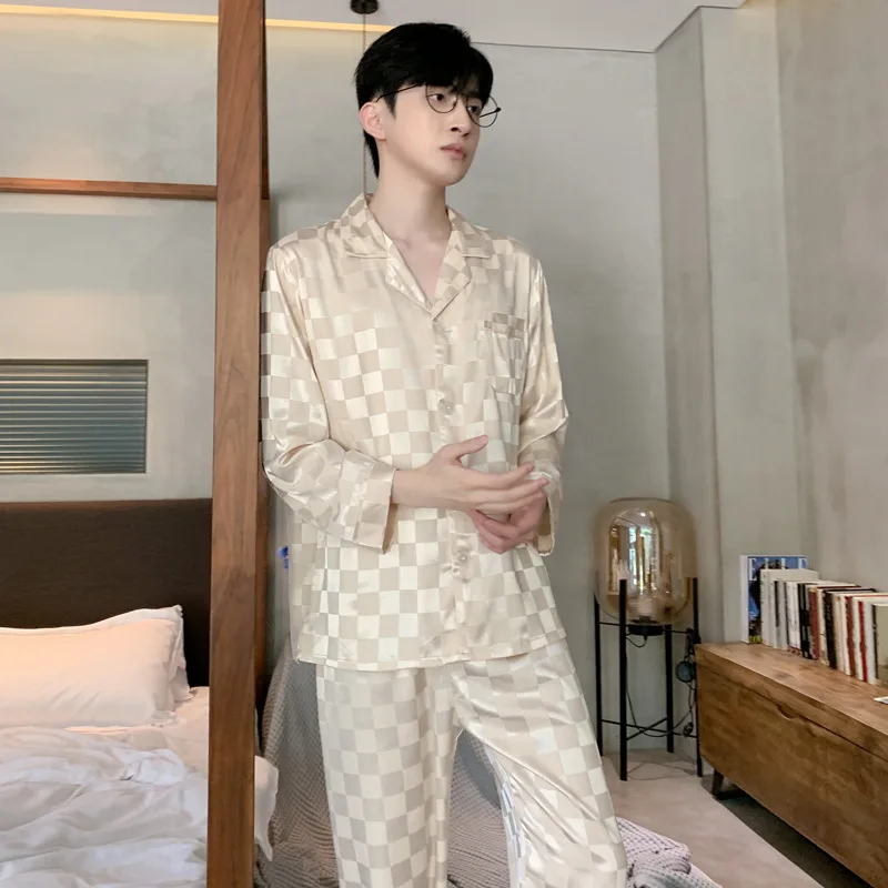 HIgh Quality Pajamas Set Men Spring Autumn Simple Classic Ice Silk Sleepwear Male Two piece Suit Youth Home Clothing Outdoor Boy