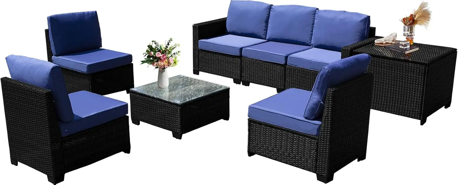 8 Pieces Wicker Patio Table And Chairs Set, Rattan Outdoor Conversation Sets With Hidden Storage & Glass Top Table, Sectional