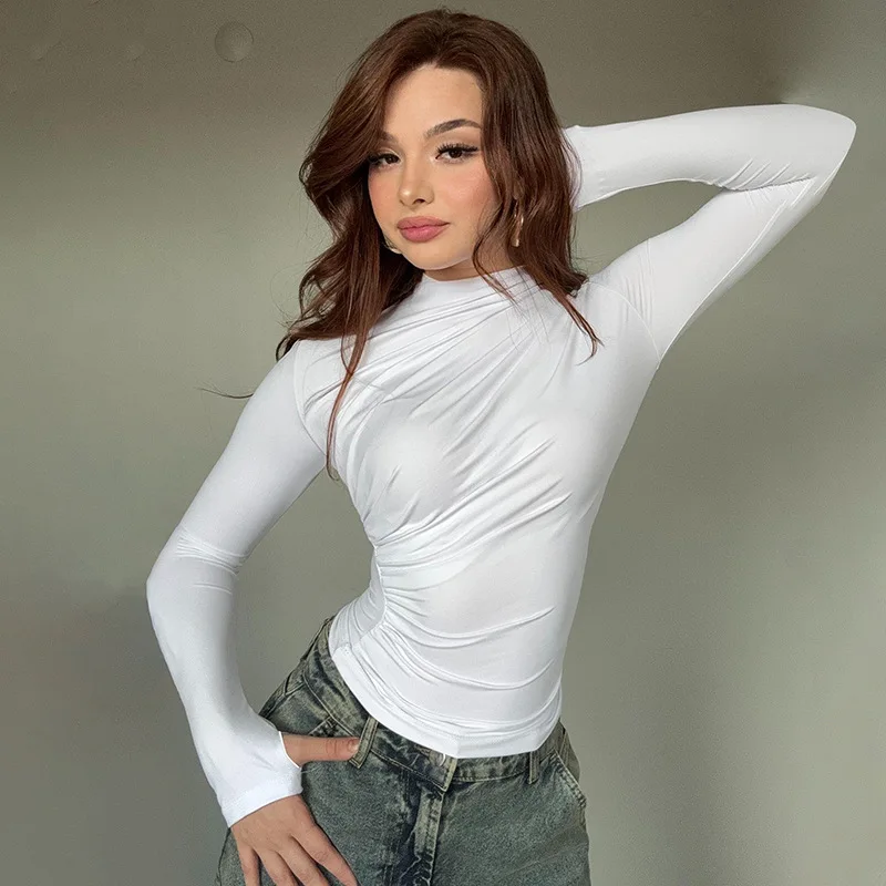 2026 New Women Solid Long Sleeve T shirt Fashion Slim Fit Ruched High Neck Casual Basic Top For Ladies