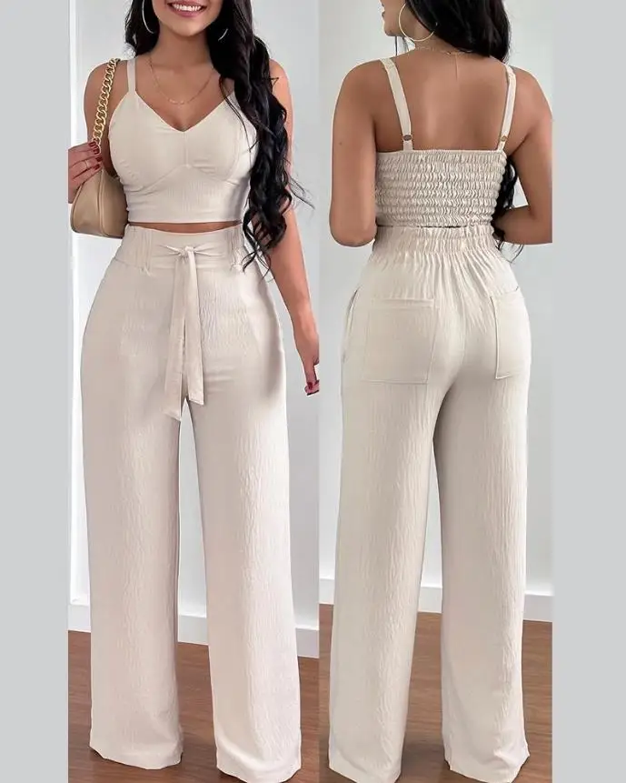 Two Piece Sets Womens Outifits Summer Fashion Shirred Plain V-Neck Sleeveless Crop Top & Casual Pocket Design Wide Leg Pants Set