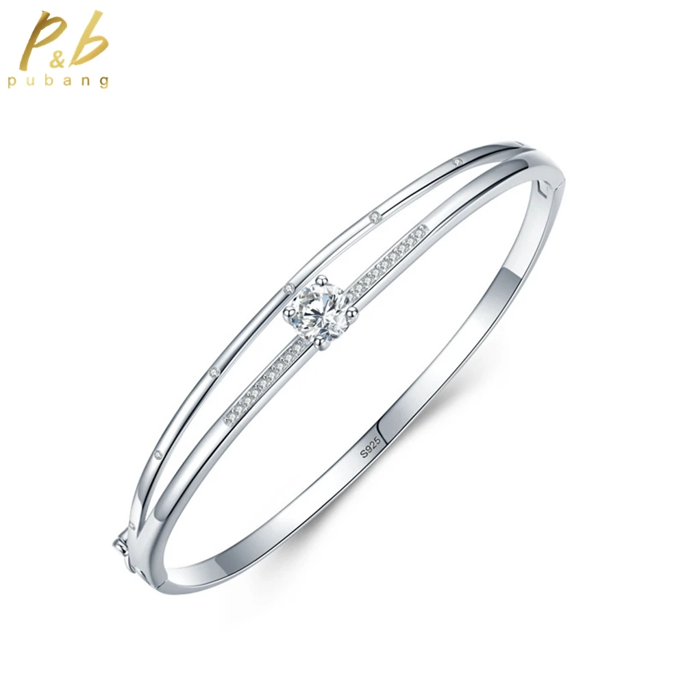 

PuBang Fine Jewelry 100% 925 Sterling Silver High Carbon Diamond Simple Open Bracelet for Women Wedding Party Gift Free Shipping