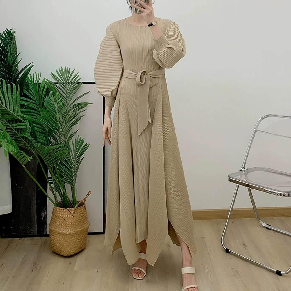 

Pleated solid color swing dress 2025 autumn new foreign trade long lace-up large size-GZXX158
