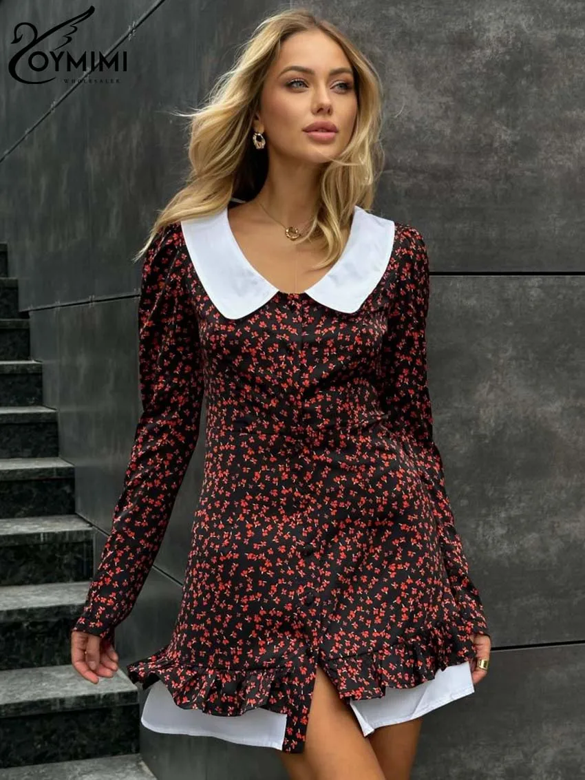 Oymimi Elegant Black Patchwork Dresses For Women Fashion Long Sleeve Flowers Print Dress Casual Straight Slit Mini Dress Female