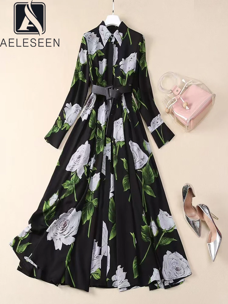 AELESEEN Designer Fashion Autumn Long Dress Women Turn-down Collar White Rose Printed Belt Long Shirt Dress Party Holiday