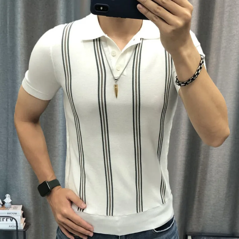 2023 Stripe Contrast Stitching Lapel Short Sleeve Tshirt High Quality Knitted Top Stripe Color Matching Knitted Polo Shirt