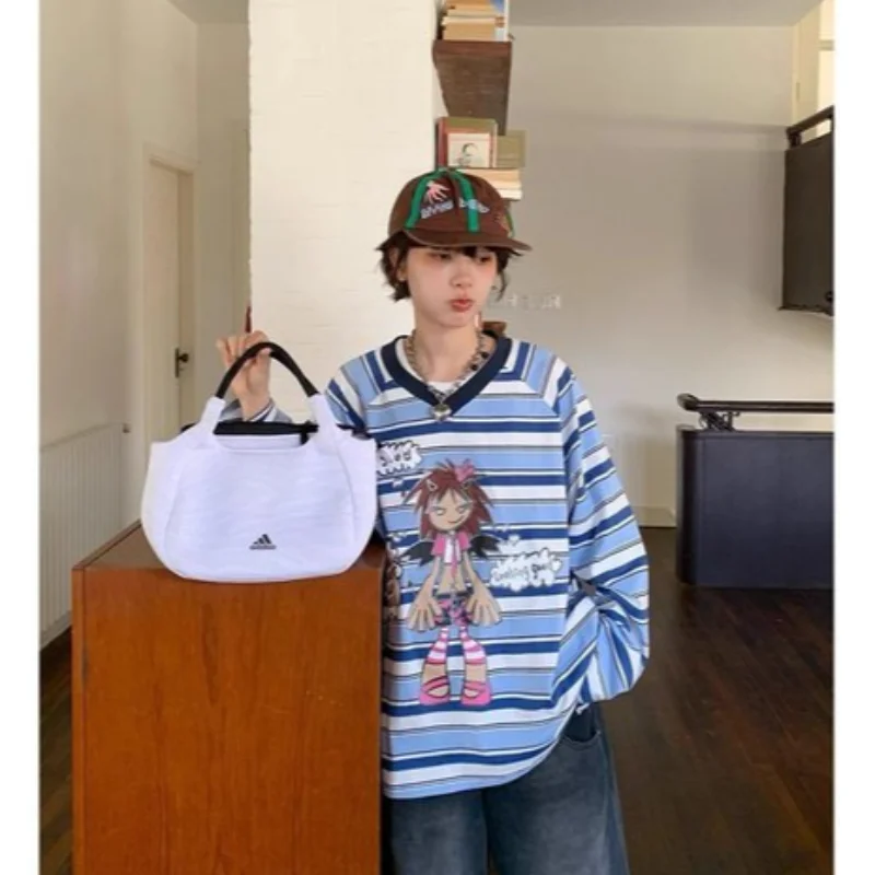 Y2K retro striped long sleeved T-shirt for women's autumn new style portrait print V-neck loose college style women's top emo