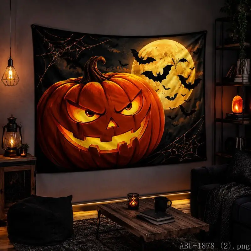 VIKAMA Halloween Tapestry Pumpkin Spider Black Cat Bat Moon Maple Leaf Candle Print Bedroom Living Room Wall Hanging Decor Cloth