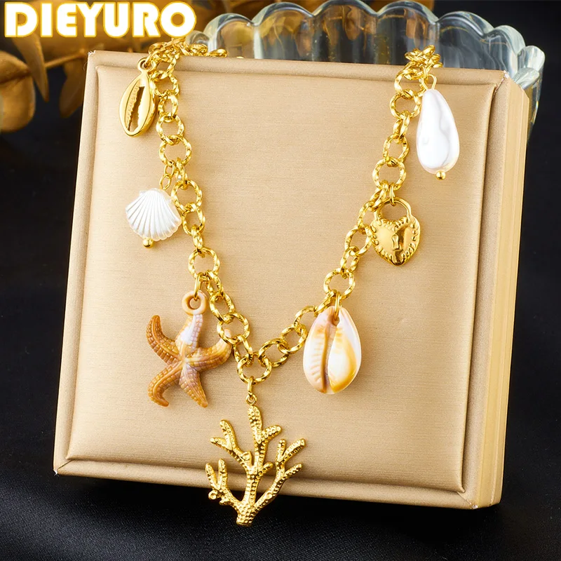DIEYURO 316L Stainless Steel Sea Star Shell Coral Pearl Necklace For Women Novel Vacation Style Neck Chain Jewelry Party Gift